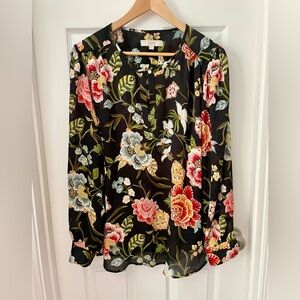 Ann Taylor Loft, XXL, floral silk blouse, long sleeve, black and pink.